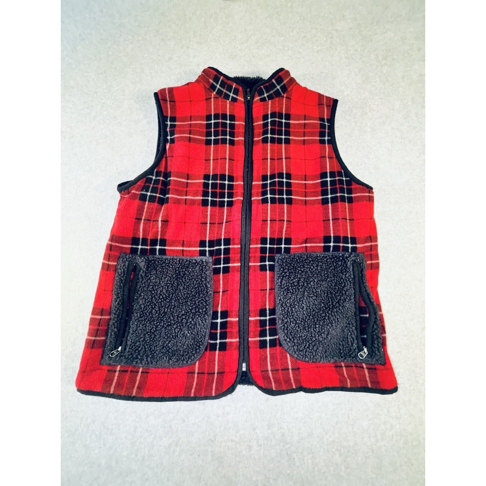 Eddie Bauer Red Black Plaid Fleece Sherpa Reversible Vest Womens Size Small